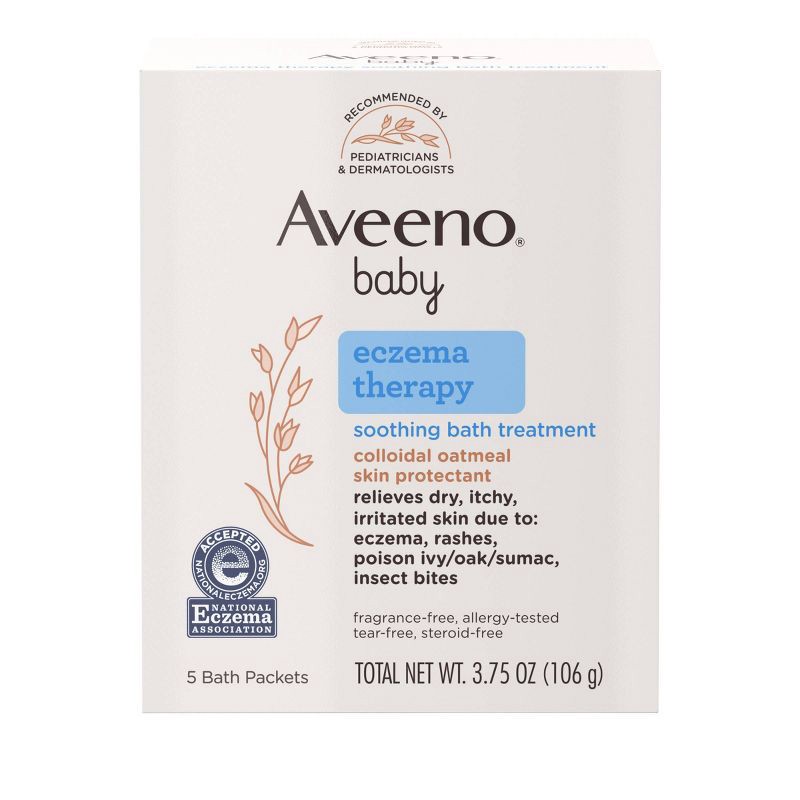 slide 2 of 9, Aveeno Baby Eczema Therapy Soothing Oatmeal Bath Treatment for Relief of Dry, Itchy Skin - 3.75oz - 5ct, 3.75 oz, 5 ct