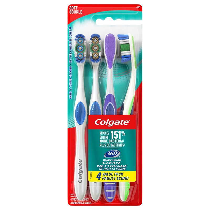 slide 1 of 1, Colgate 360 Manual Toothbrush with Tongue and Cheek Cleaner - Soft Bristles - 4ct, 4 ct