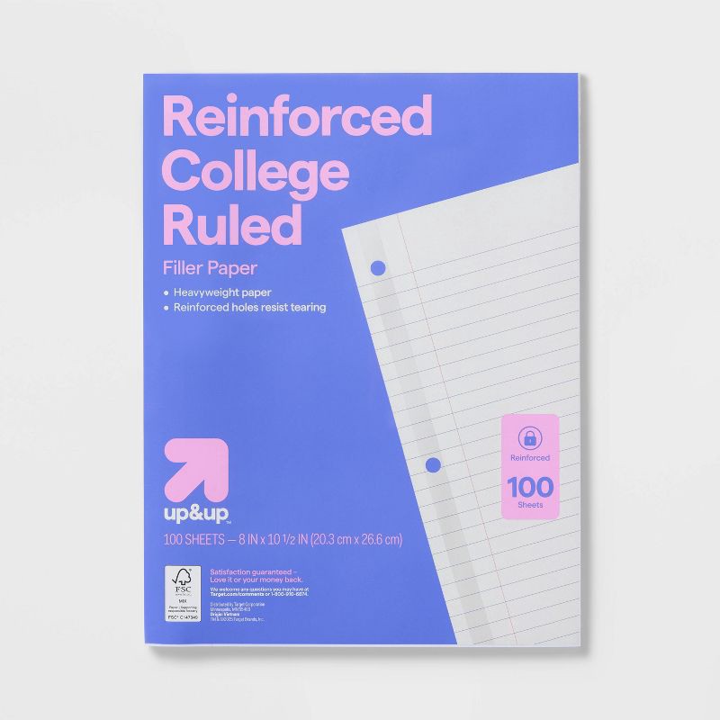 slide 1 of 3, 100ct College Ruled Reinforced Notebook Filler Paper - up&up™: 10.5x8 Inches, Loose Leaf, 20 lb, White, 100 Sheets, 100 ct, 20 lb, 100 sheets