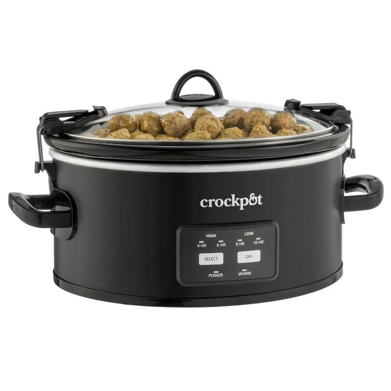 slide 2 of 6, Crock-Pot 6qt Cook & Carry One Touch Programmable Slow Cooker Matte Black: Locking Lid, Removable Stoneware Pot, 6 qt