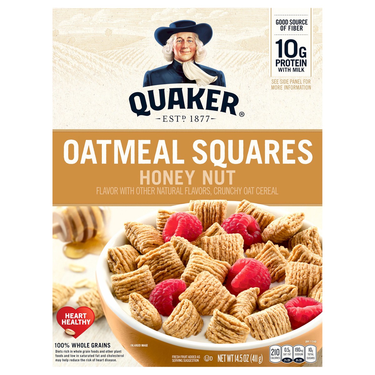 slide 2 of 10, Oatmeal Squares Honey Nut Breakfast Cereal - Quaker Oats, 14.5 oz