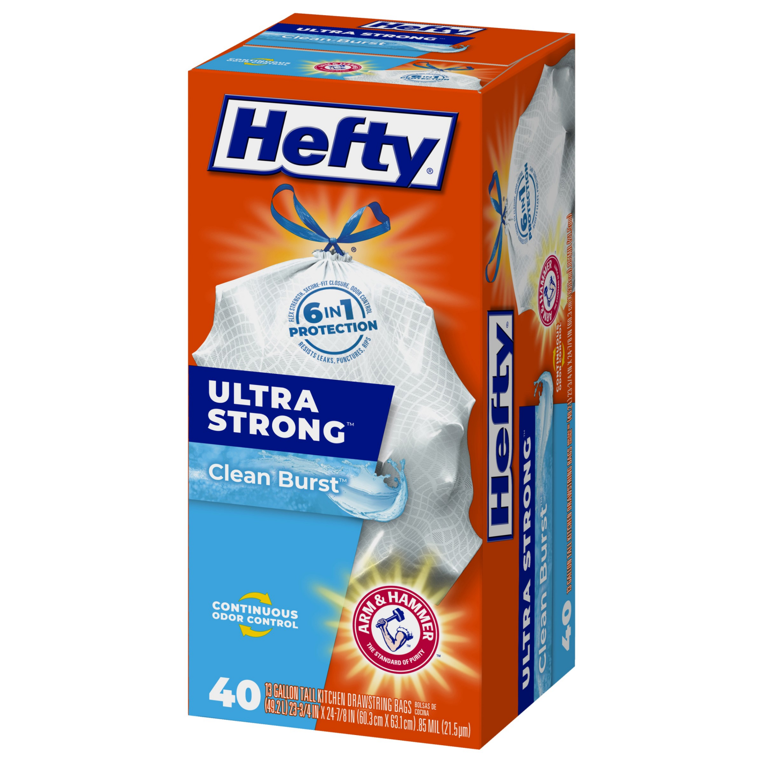 slide 7 of 8, Hefty Ultra Strong 13 Gallon Clean Burst Tall Kitchen Drawstring Bags 40 Bags, 40 ct