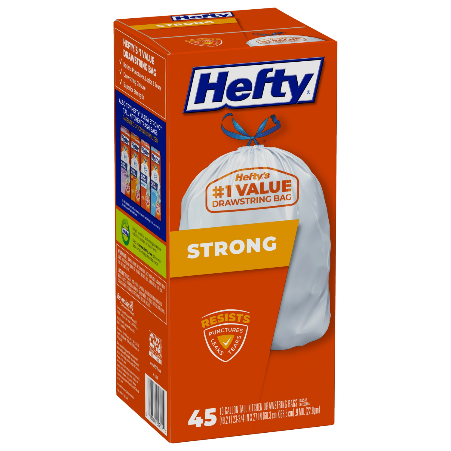 slide 6 of 8, Hefty 13 Gallon Strong Drawstrings Tall Kitchen Bags 45 ea, 45 ct