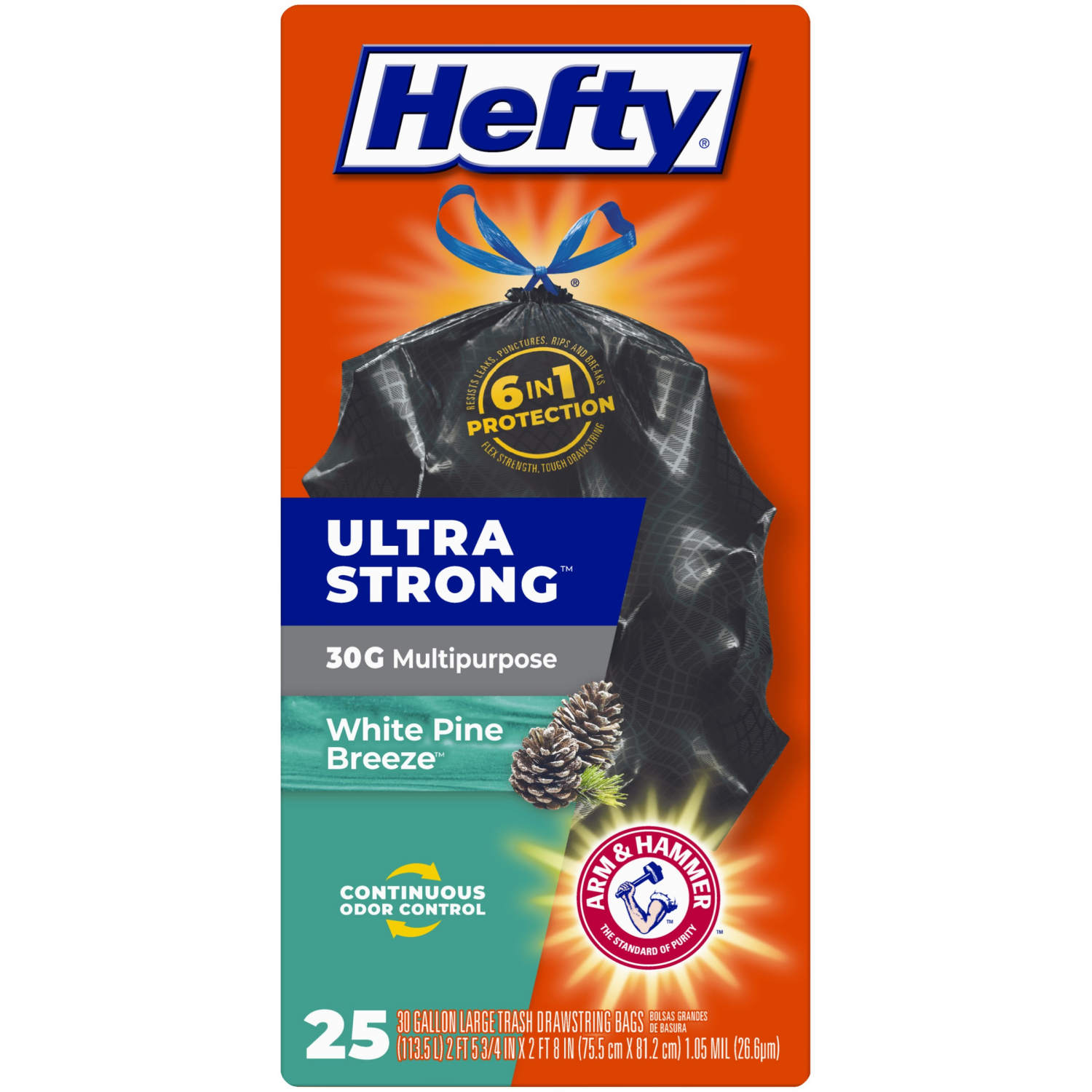 slide 2 of 8, Hefty Ultra Strong 30 Gallon Large Drawstring White Pine Breeze Trash Bags 25 ea, 25 ct