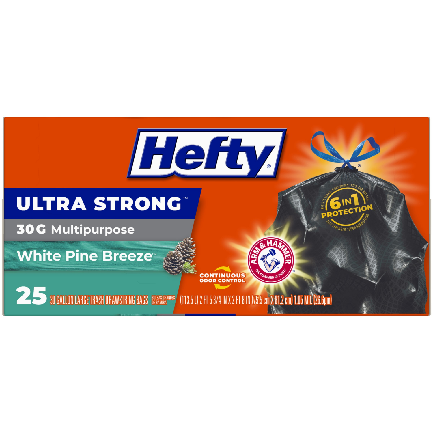 slide 5 of 8, Hefty Ultra Strong 30 Gallon Large Drawstring White Pine Breeze Trash Bags 25 ea, 25 ct