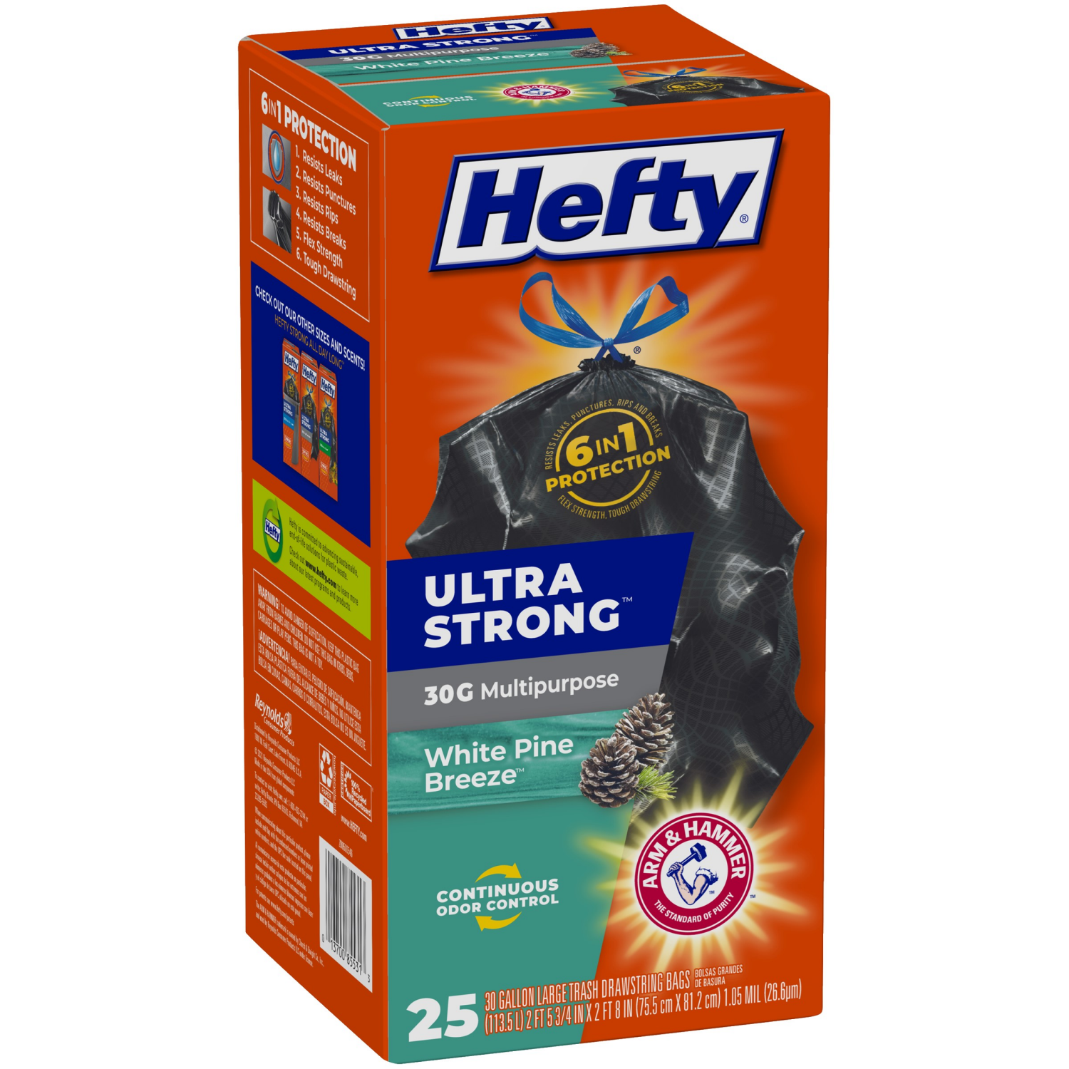 slide 6 of 8, Hefty Ultra Strong 30 Gallon Large Drawstring White Pine Breeze Trash Bags 25 ea, 25 ct