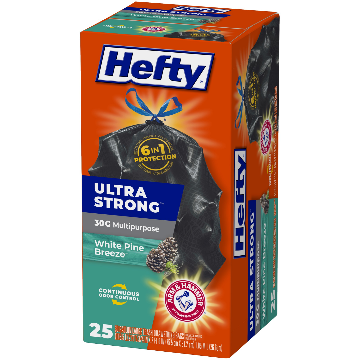 slide 7 of 8, Hefty Ultra Strong 30 Gallon Large Drawstring White Pine Breeze Trash Bags 25 ea, 25 ct