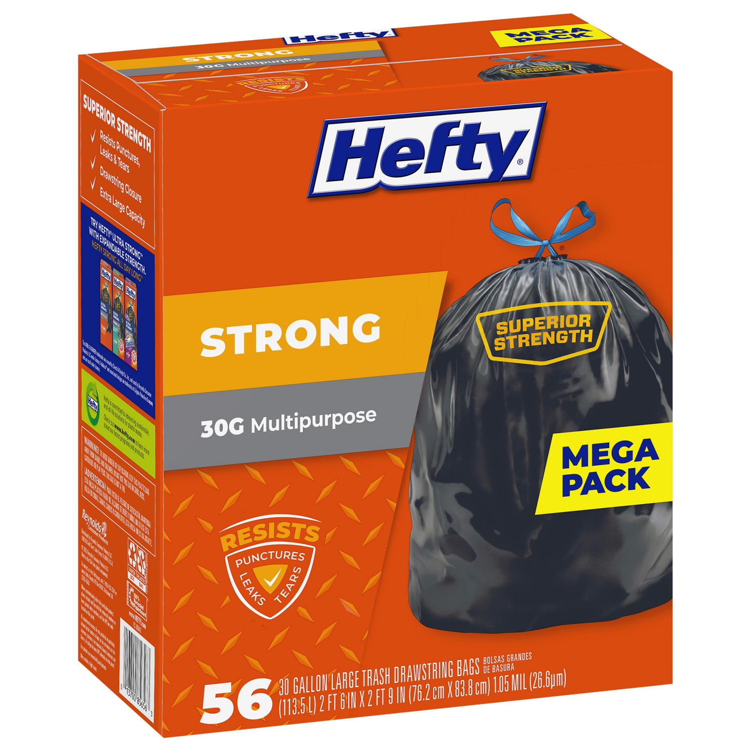slide 6 of 8, Hefty Strong 30 Gallon Multipurpose Drawstring Large Trash Bags Mega Pack 56 Bags, 56 ct