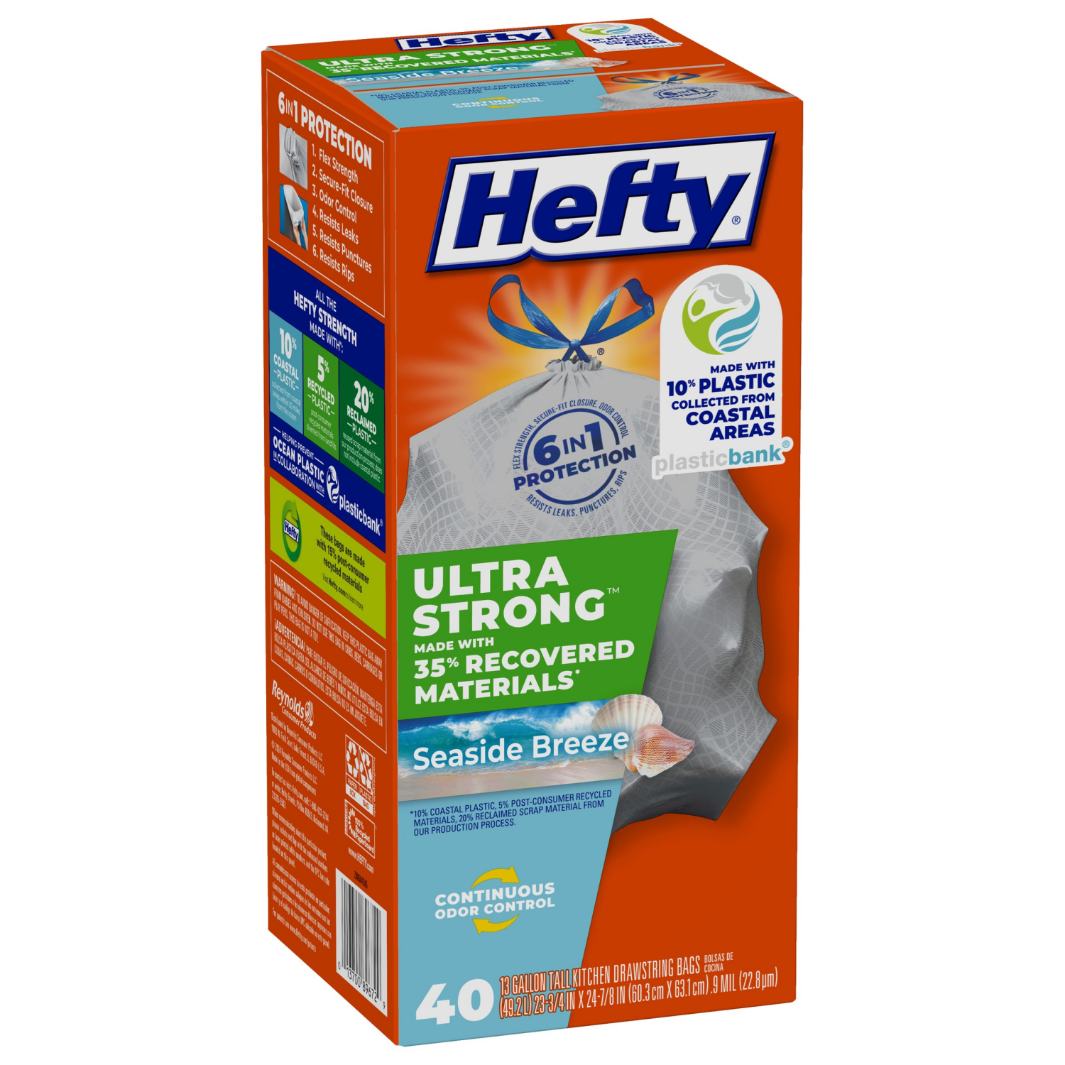 slide 6 of 8, Hefty Ultra Strong 13 Gallon Kitchen Drawstring Seaside Breeze Bags Tall 40 ea, 40 ct