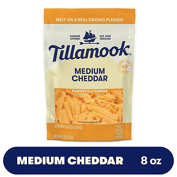 slide 1 of 5, Tillamook Farmstyle Thick Cut Medium Cheddar Shredded Cheese - 8 Oz, 8 oz