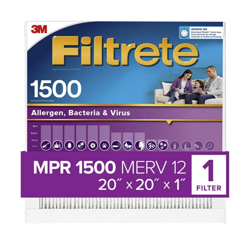 slide 2 of 16, Filtrete 20x20x1 Allergen Bacteria and Virus Air Filter 1500 MPR: MERV 12 Electrostatic Furnace Filter, 3-Month Use, 1 ct