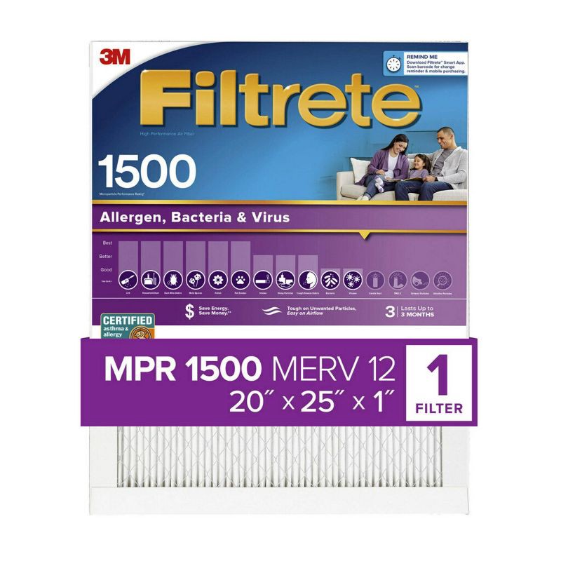 slide 2 of 14, Filtrete 20x25x1 Allergen Bacteria and Virus Air Filter 1500 MPR, 1 ct