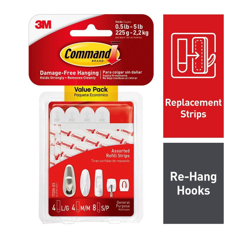 slide 2 of 13, Command Refill Strips (8 Small/4 Medium/4 Large) White: Adhesive Hooks, Plastic, 16 Pack, Max 5 lb Capacity, 1 ct