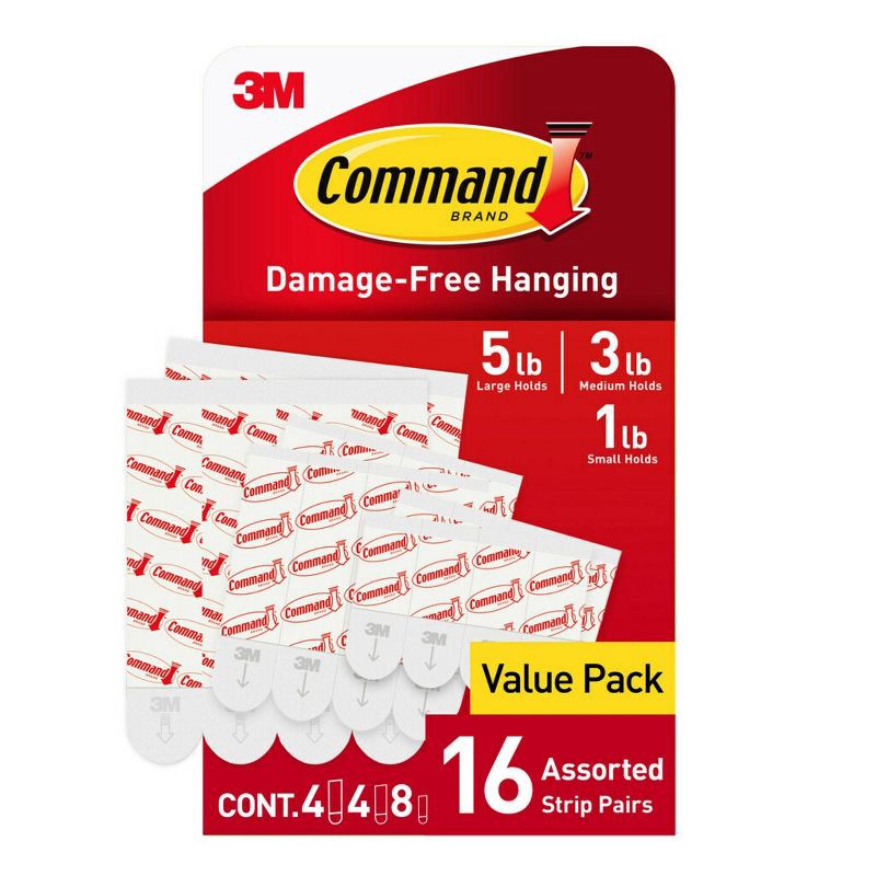 slide 1 of 13, Command Refill Strips (8 Small/4 Medium/4 Large) White: Adhesive Hooks, Plastic, 16 Pack, Max 5 lb Capacity, 1 ct