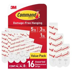 Command Refill Strips White: Adhesive Hooks, Plastic, 16 Pack, Max 5 lb Capacity