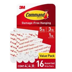 Command Refill Strips White: Adhesive Hooks, Plastic, 16 Pack, Max 5 lb Capacity