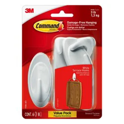 Command 6pk Medium Designer Hooks White: Adhesive Hanging Hooks, 6 Pack, 3 lb Capacity, Plastic