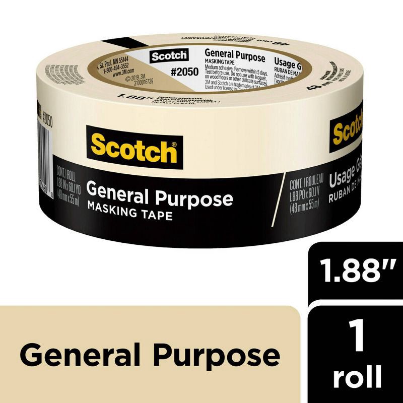 slide 2 of 10, Scotch 1.88" x 60yd General Purpose Masking Tape: Beige Adhesive Roll for Art & Office, 2 Inch Width, 1 ct