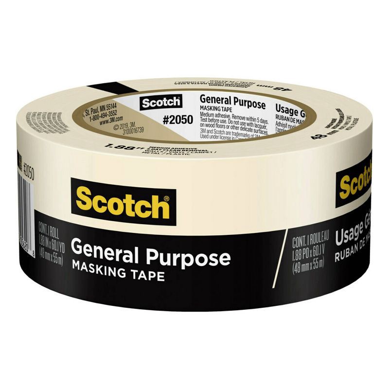 slide 1 of 10, Scotch 1.88" x 60yd General Purpose Masking Tape: Beige Adhesive Roll for Art & Office, 2 Inch Width, 1 ct