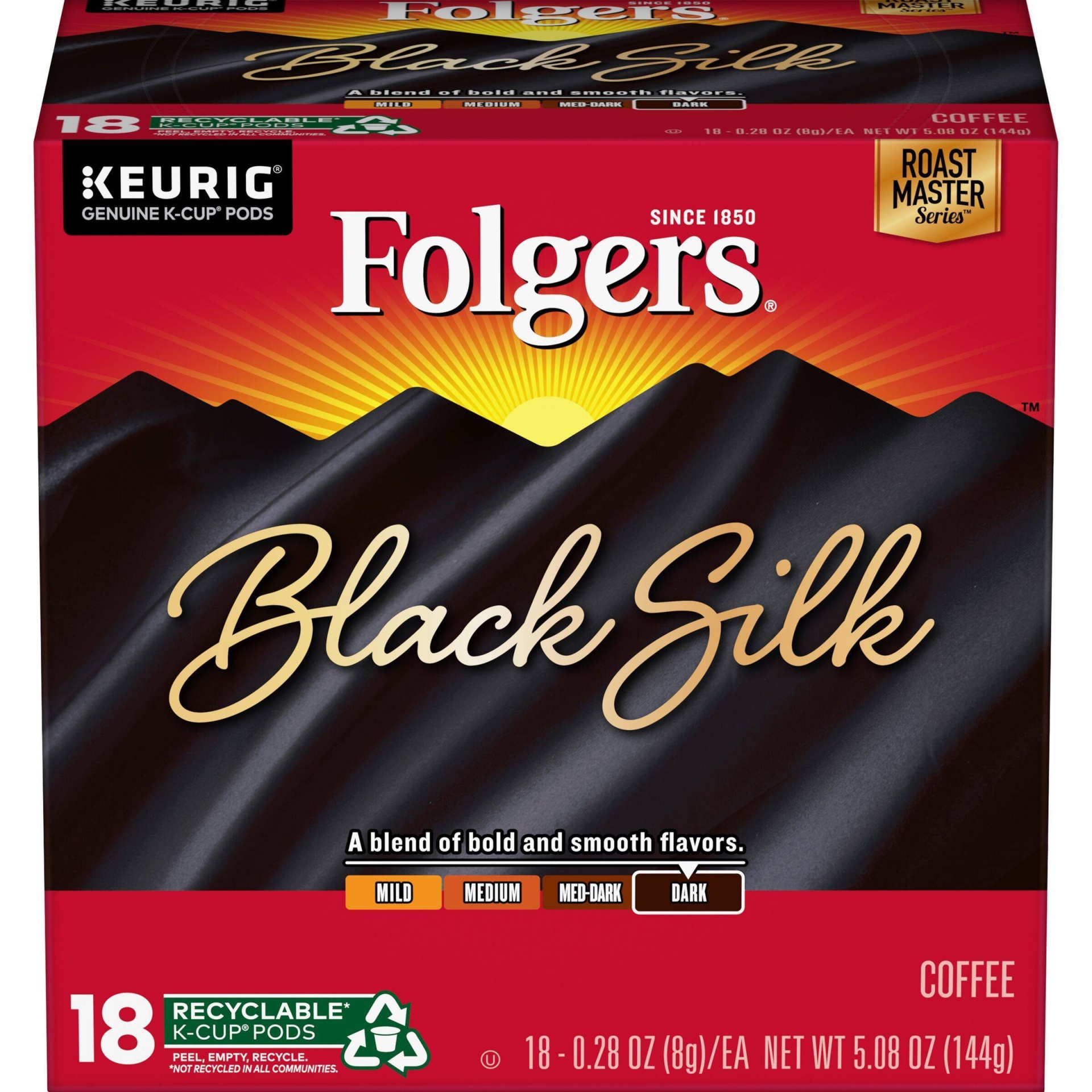 slide 1 of 1, Folgers Gourmet Selections Black Silk Dark Roast Coffee Cup Pods, 18 ct