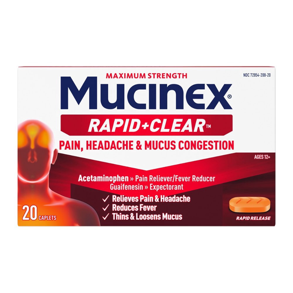 slide 1 of 1, Mucinex® Rapid Clear™ Pain Headache & Mucus Relief Acetaminophen Caplets, 20 ct