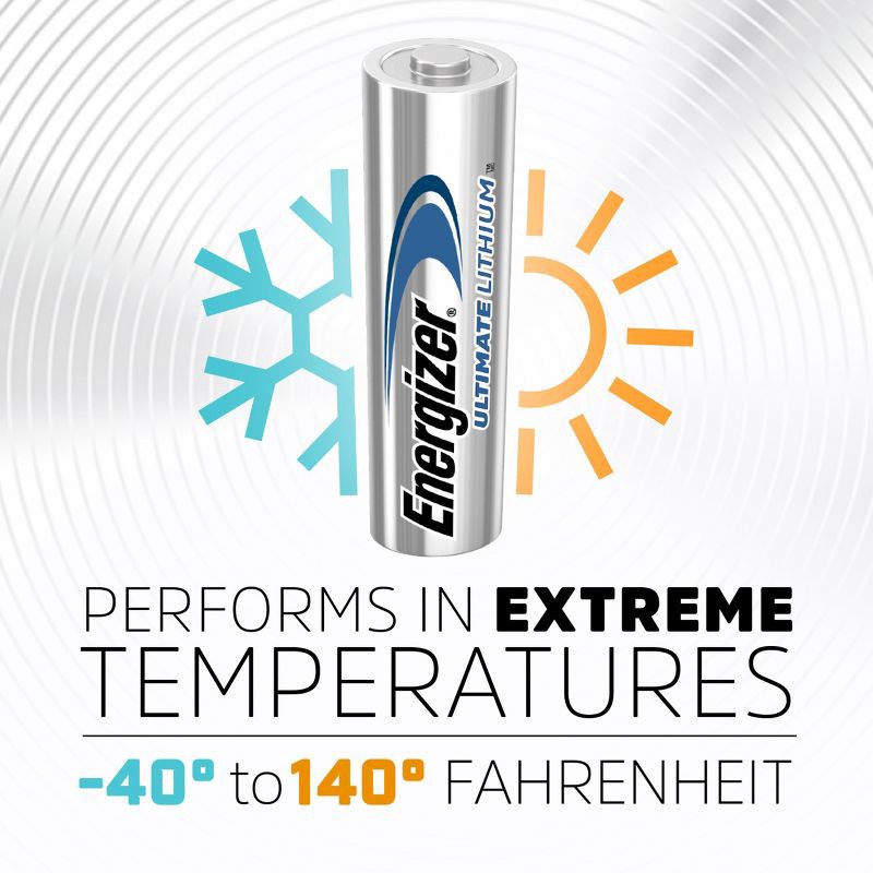 slide 9 of 10, Energizer Ultimate Lithium AA Batteries - 4pk Lithium Battery: 3000 mAh, 1.5V, Single-Use, 4 ct