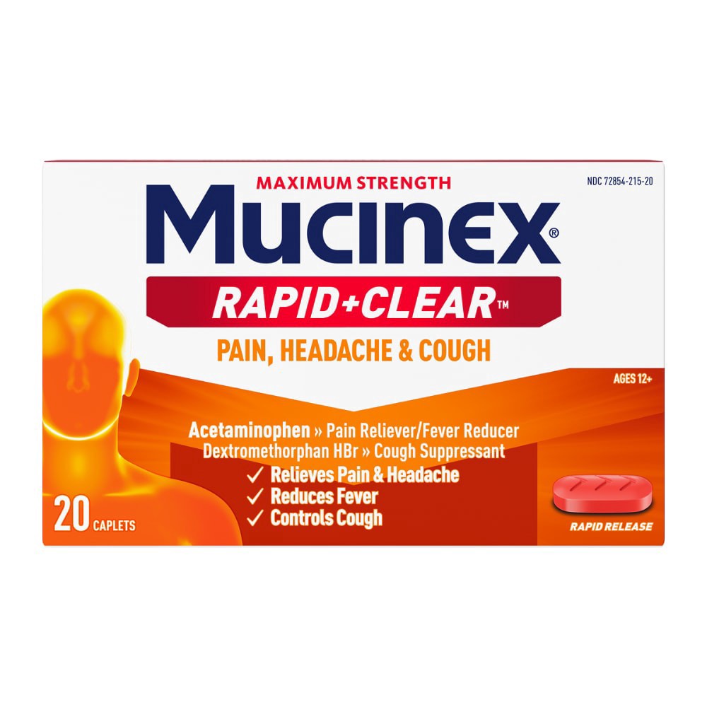 slide 1 of 1, Mucinex® Rapid Clear™ Pain Headache & Cough Relief Acetaminophen Caplets, 20 ct