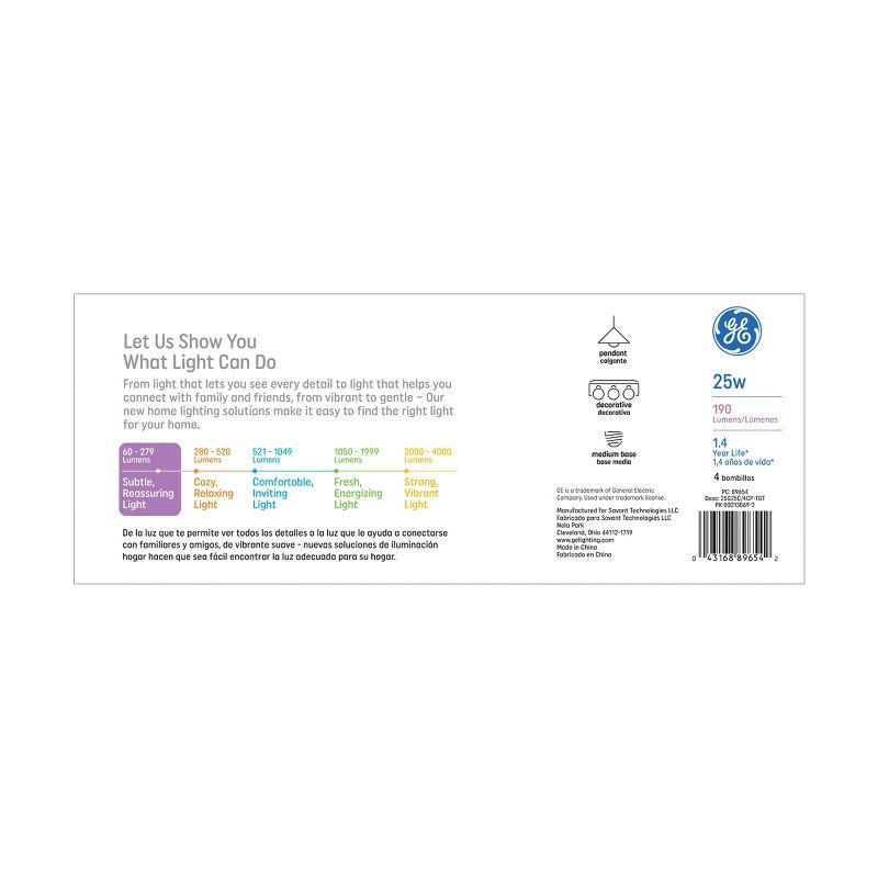 slide 3 of 3, GE Household Lighting GE 4pk 25W Incandescent G25 Globe Light Bulb Soft White Clear, 4 ct