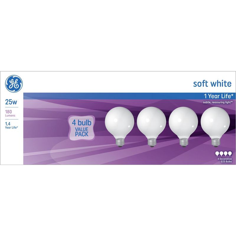 slide 1 of 3, GE Household Lighting GE 25w 4pk G25 Incandescent Light Bulb White, 4 ct