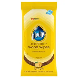 Pledge Expert Care Multi Surface Enhancing Furniture Polish Wood Wipes - Lemon - 24ct: Paraben-Free, Aluminum-Free