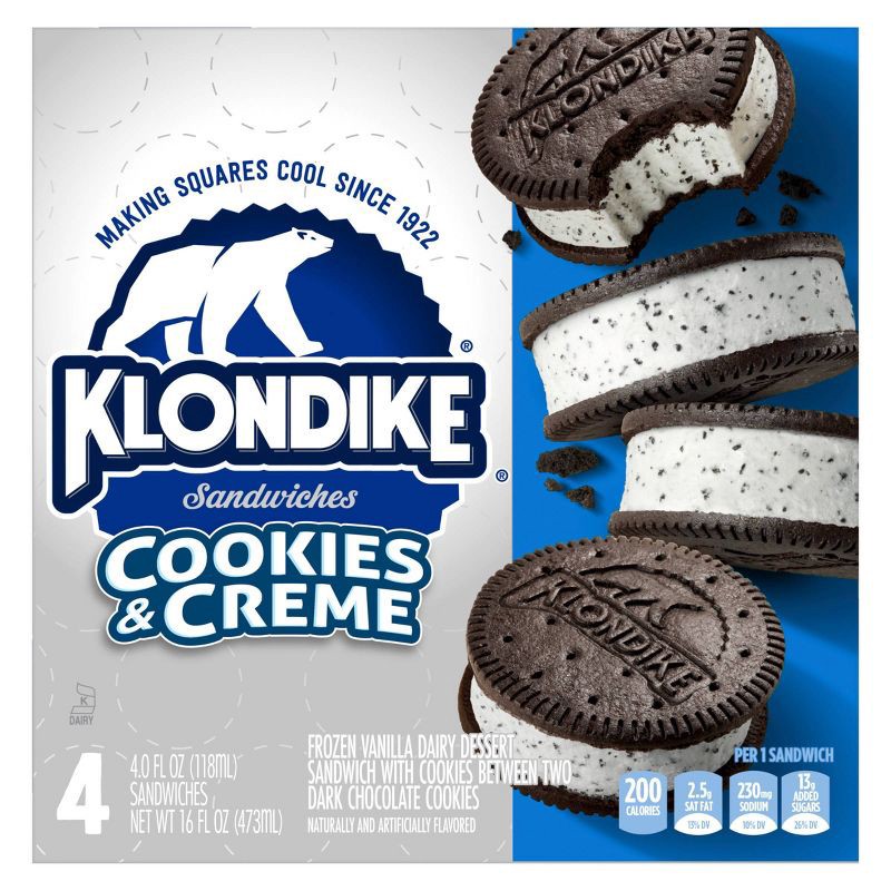 slide 2 of 6, Klondike Cookies & Crème Sandwiches Frozen Dairy Dessert - 4pk, 4 ct