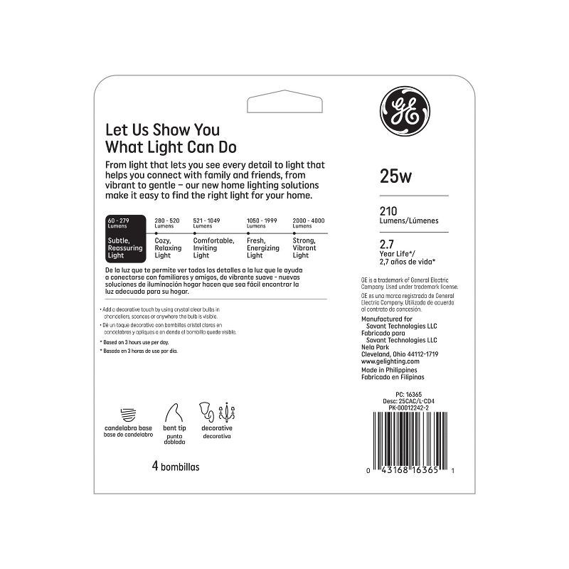 slide 3 of 4, GE Household Lighting GE 4pk 25W Incandescent Chandelier Light Bulb Soft White: Candelabra Base E12, Dimmable, 210 Lumens, 2500K, 2.7-Year Life, 4 ct