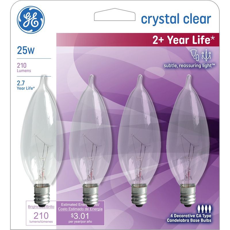 slide 1 of 4, GE Household Lighting GE 4pk 25W CAC Long Life Incandescent Chandelier Light Bulb White, 4 ct