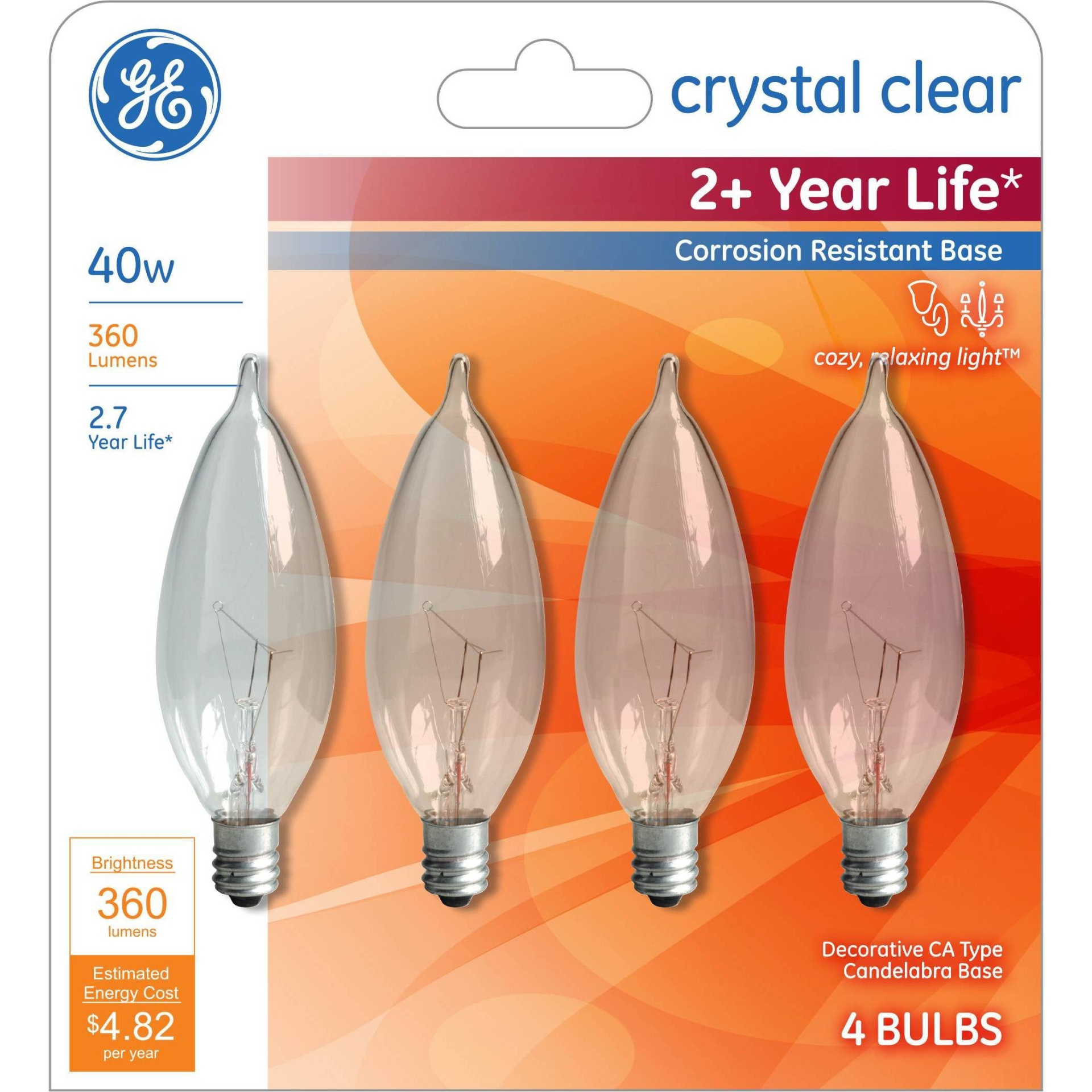 slide 1 of 3, GE Household Lighting GE 40w 4pk CAC Long Life Incandescent Chandelier Light Bulb Clear, 4 ct