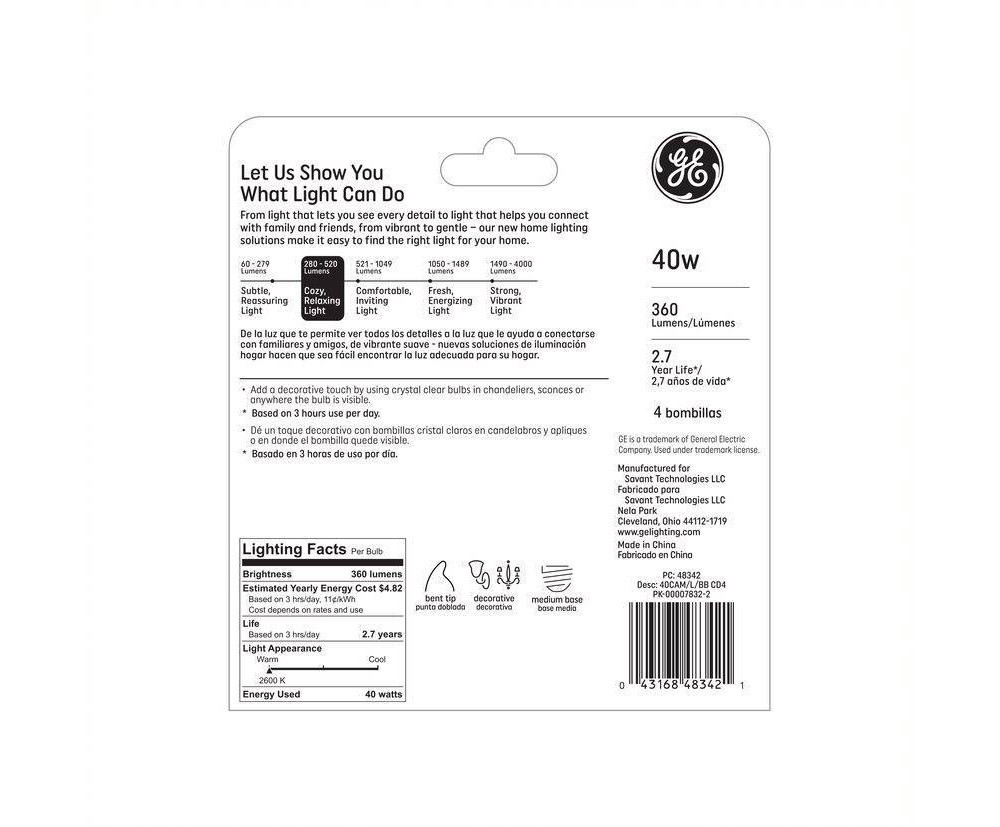 slide 2 of 5, GE Household Lighting GE 40W 4pk CAM Long Life Incandescent Chandelier Light Bulb White, 4 ct