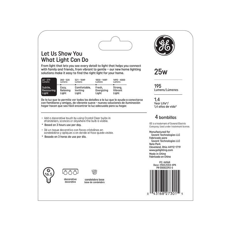 slide 3 of 4, GE Household Lighting GE 4pk 25W G16.5 Incandescent Light Bulb Soft White: Dimmable Vanity & Bathroom Lightbulbs, E12 Base, 195 Lumens, 4 ct