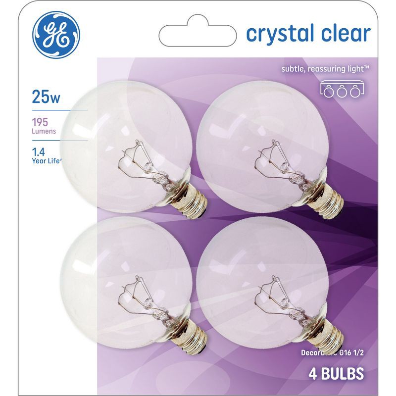 slide 1 of 4, GE Household Lighting GE 4pk 25W G16.5 Incandescent Light Bulb Soft White: Dimmable Vanity & Bathroom Lightbulbs, E12 Base, 195 Lumens, 4 ct