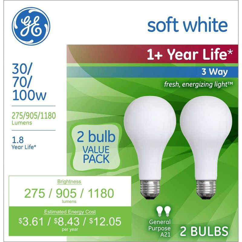 slide 1 of 1, GE Household Lighting GE 2pk 30/70/100W 3 Way Long Life Incandescent Light Bulb White, 2 ct