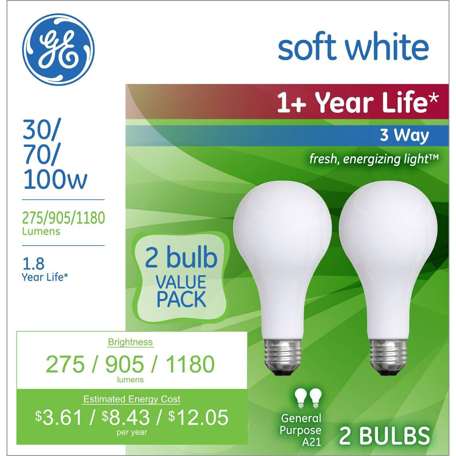 slide 1 of 3, GE Household Lighting GE 2pk 30/70/100W 3 Way Long Life Incandescent Light Bulb White, 2 ct