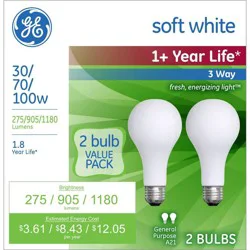 GE Household Lighting GE 2pk 30/70/100W 3 Way Long Life Incandescent Light Bulb White
