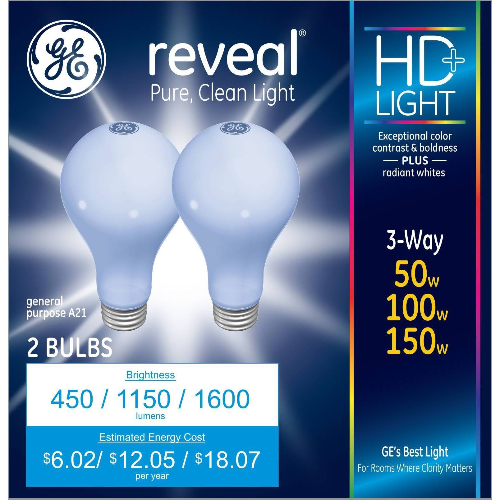 slide 1 of 4, GE Household Lighting GE 2pk Reveal HD+ 3-Way Light Bulbs Medium Base, 2 ct