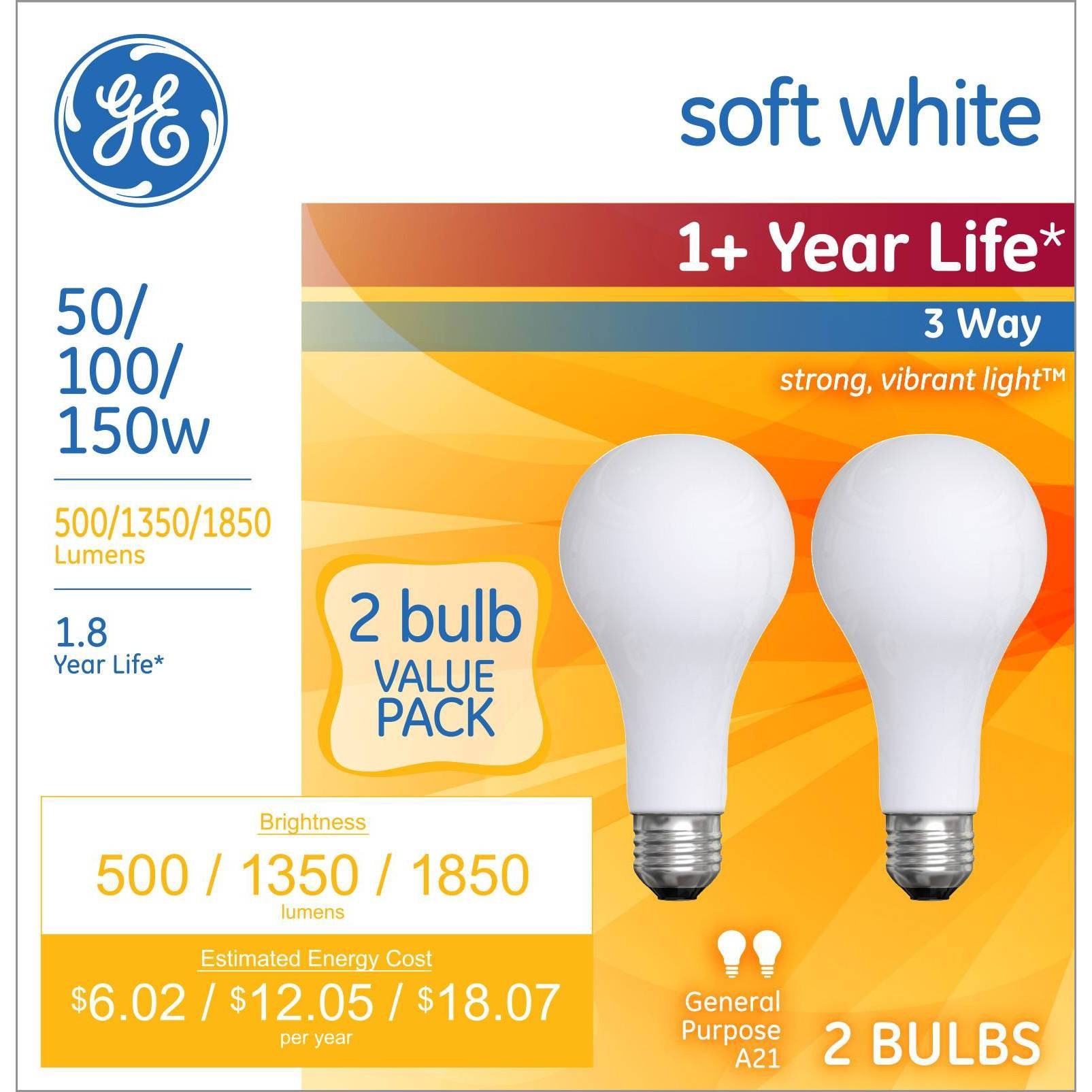 slide 1 of 3, GE Household Lighting GE 50/100/150w 2pk 3 Way Long Life Incandescent Light Bulb White, 2 ct