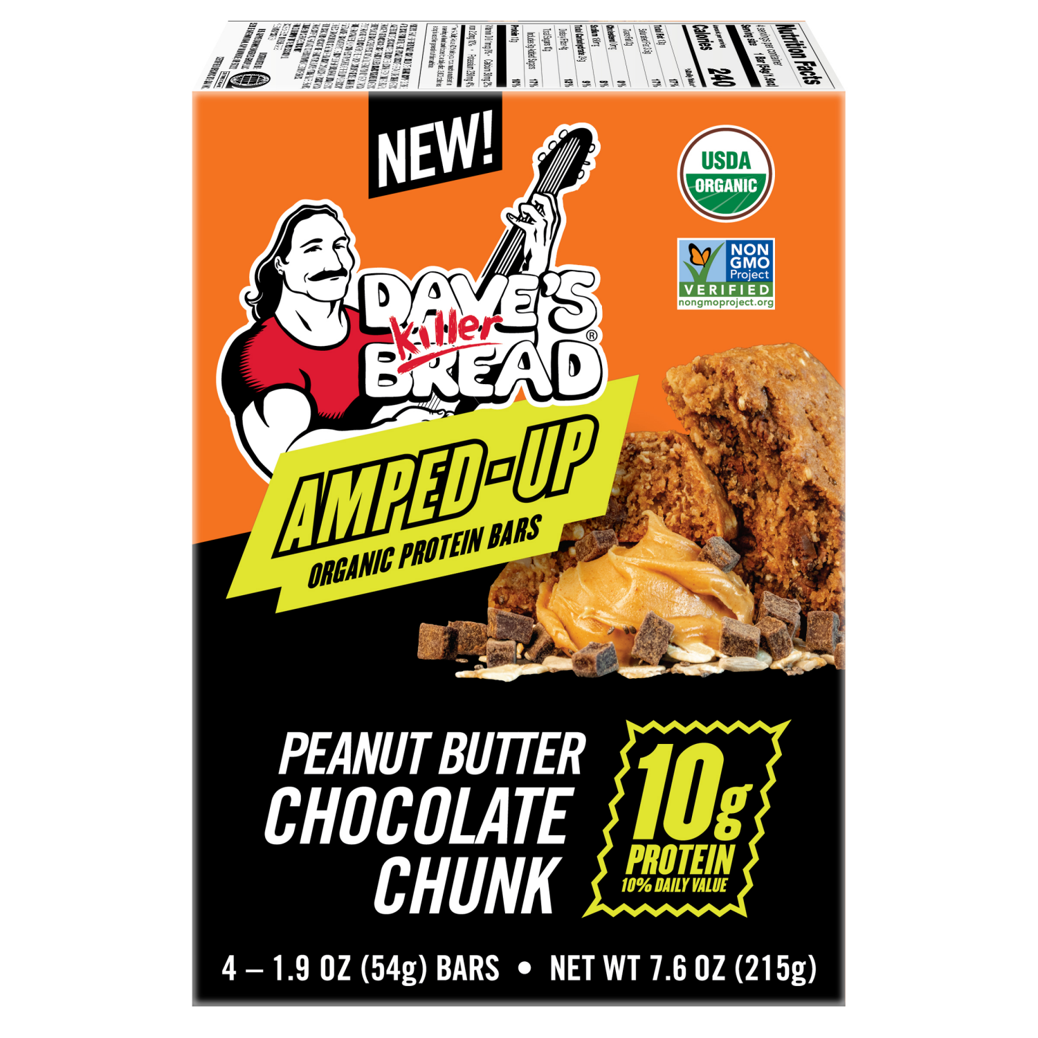 slide 2 of 4, Dave's Killer Bread Amped-Up Peanut Butter Chocolate Chunk Organic Protein Bars, 4 Count, 4 ct