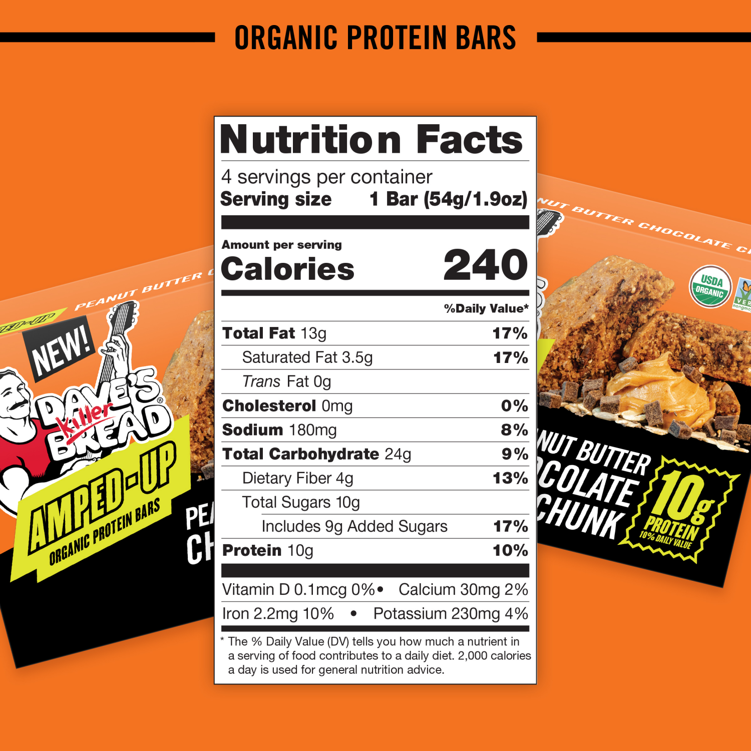 slide 4 of 4, Dave's Killer Bread Amped-Up Peanut Butter Chocolate Chunk Organic Protein Bars, 4 Count, 4 ct