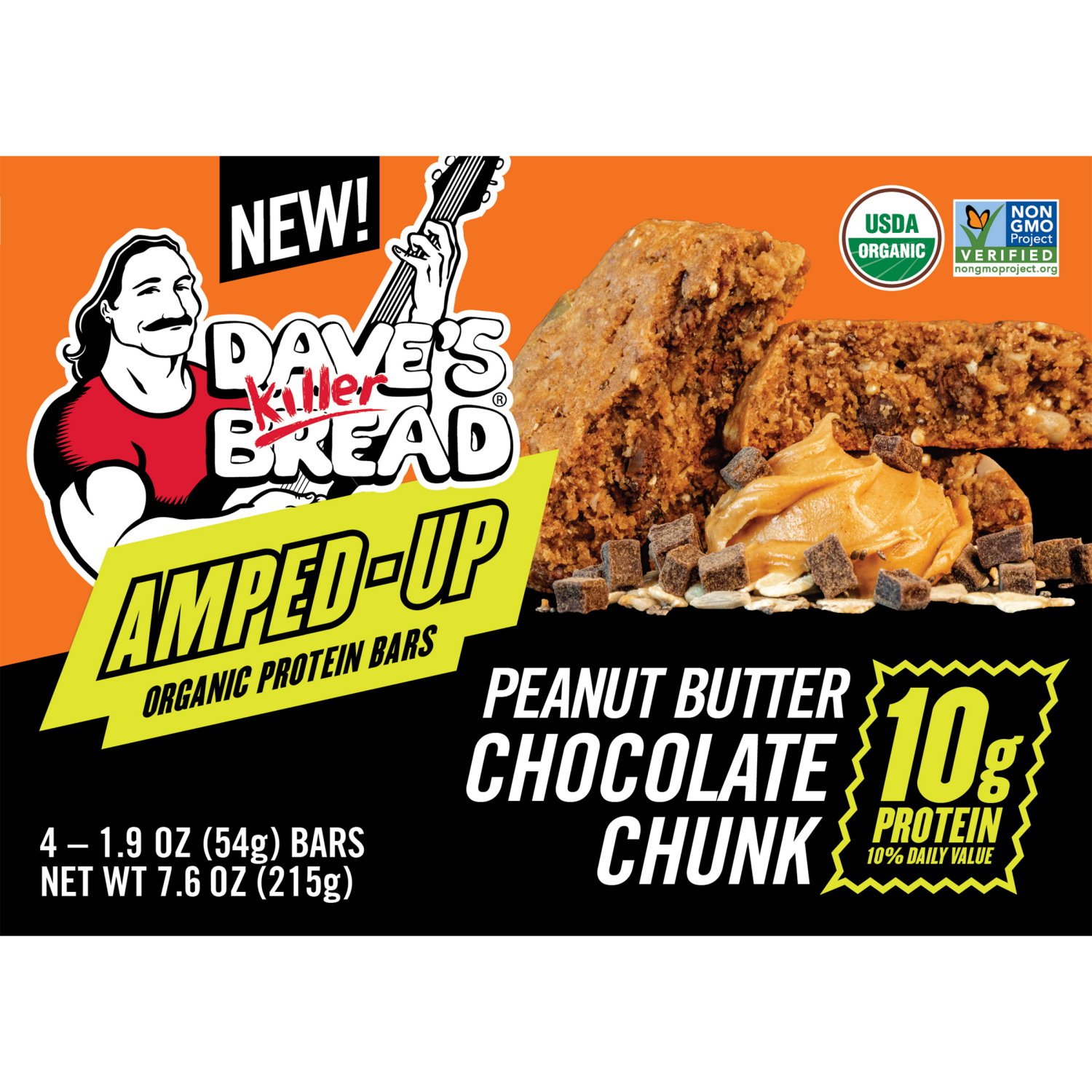 slide 1 of 4, Dave's Killer Bread Amped-Up Peanut Butter Chocolate Chunk Organic Protein Bars, 4 Count, 4 ct