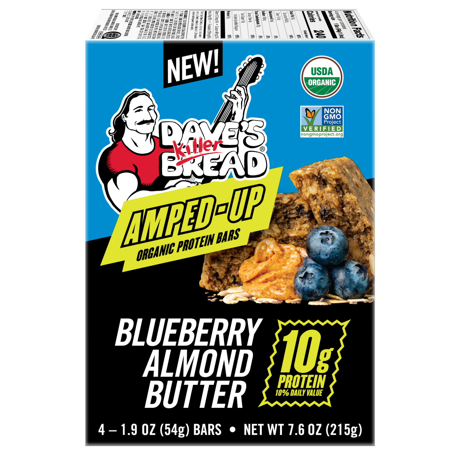 slide 2 of 4, Dave's Killer Bread Amped-Up Blueberry Almond Butter Organic Protein Bars, 4 Count, 4 ct