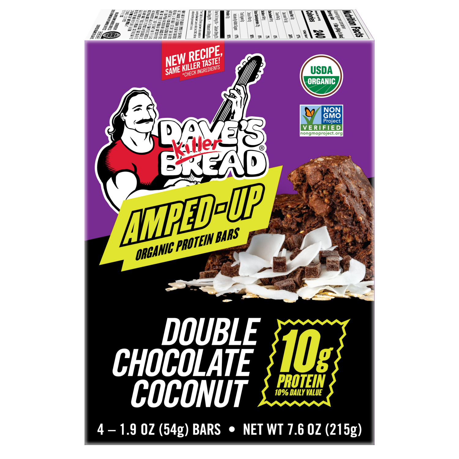 slide 2 of 4, Dave's Killer Bread Amped-Up Double Chocolate Coconut Organic Protein Bars, 4 Count, 4 ct