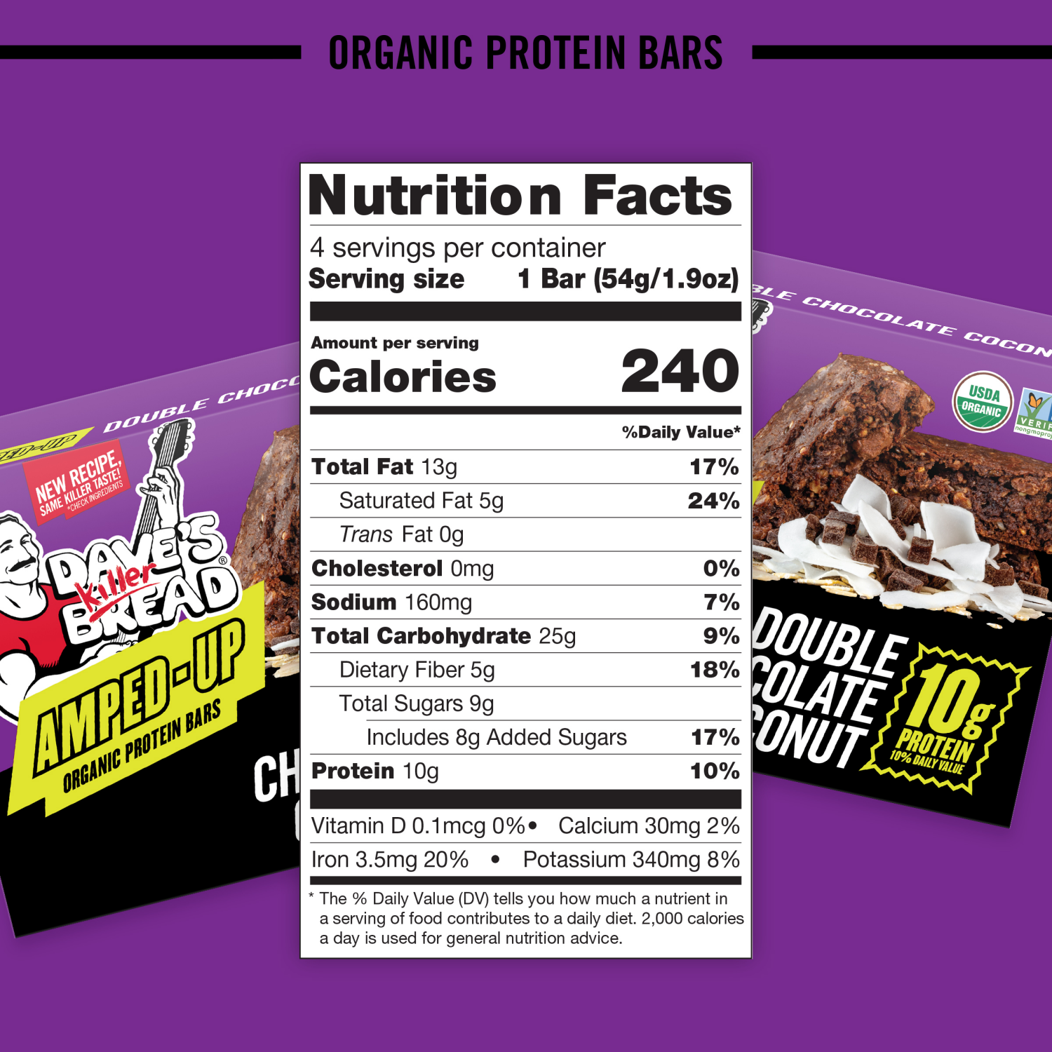 slide 4 of 4, Dave's Killer Bread Amped-Up Double Chocolate Coconut Organic Protein Bars, 4 Count, 4 ct