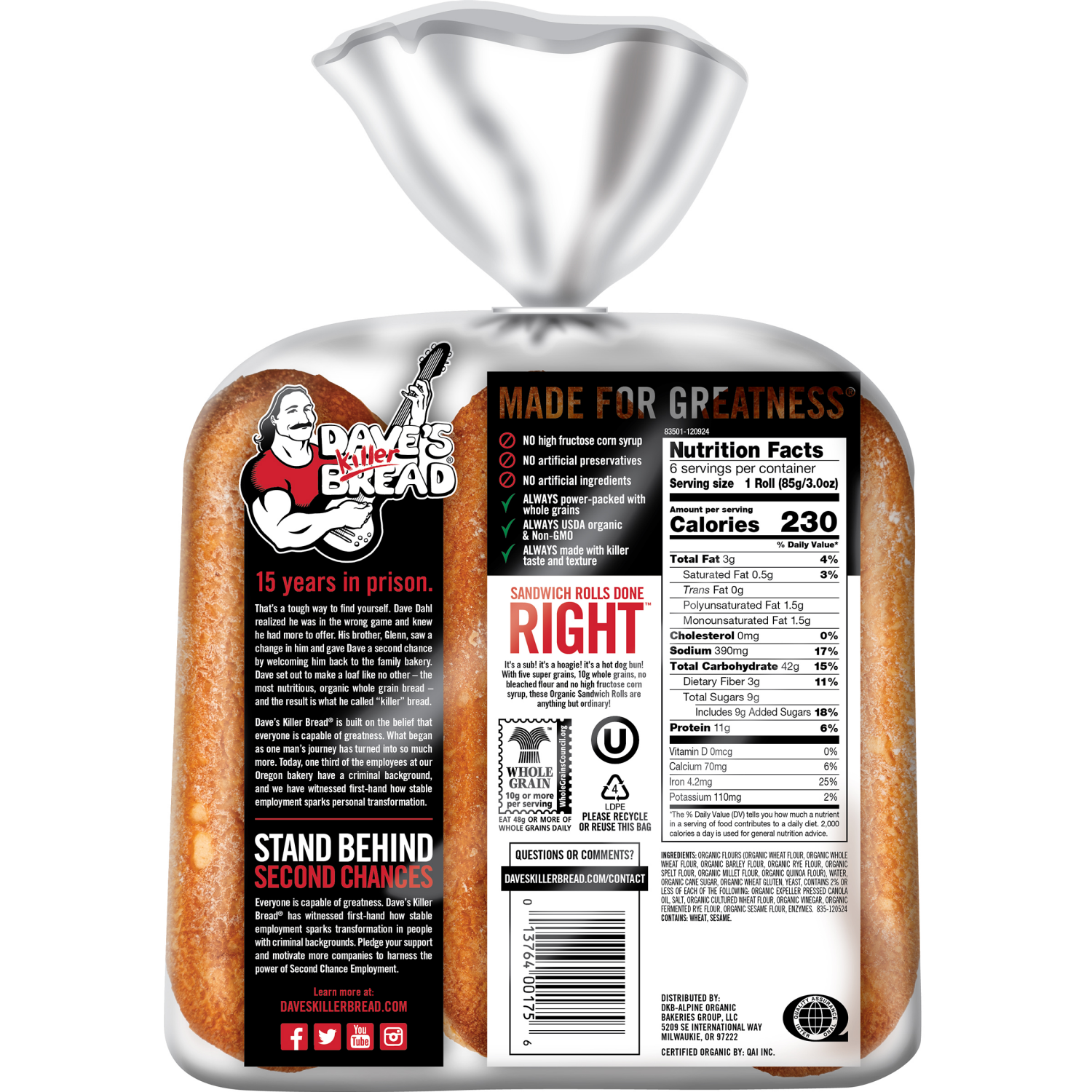 slide 2 of 2, Dave's Killer Bread Right Organic Sandwich Rolls 6 ea, 18 oz