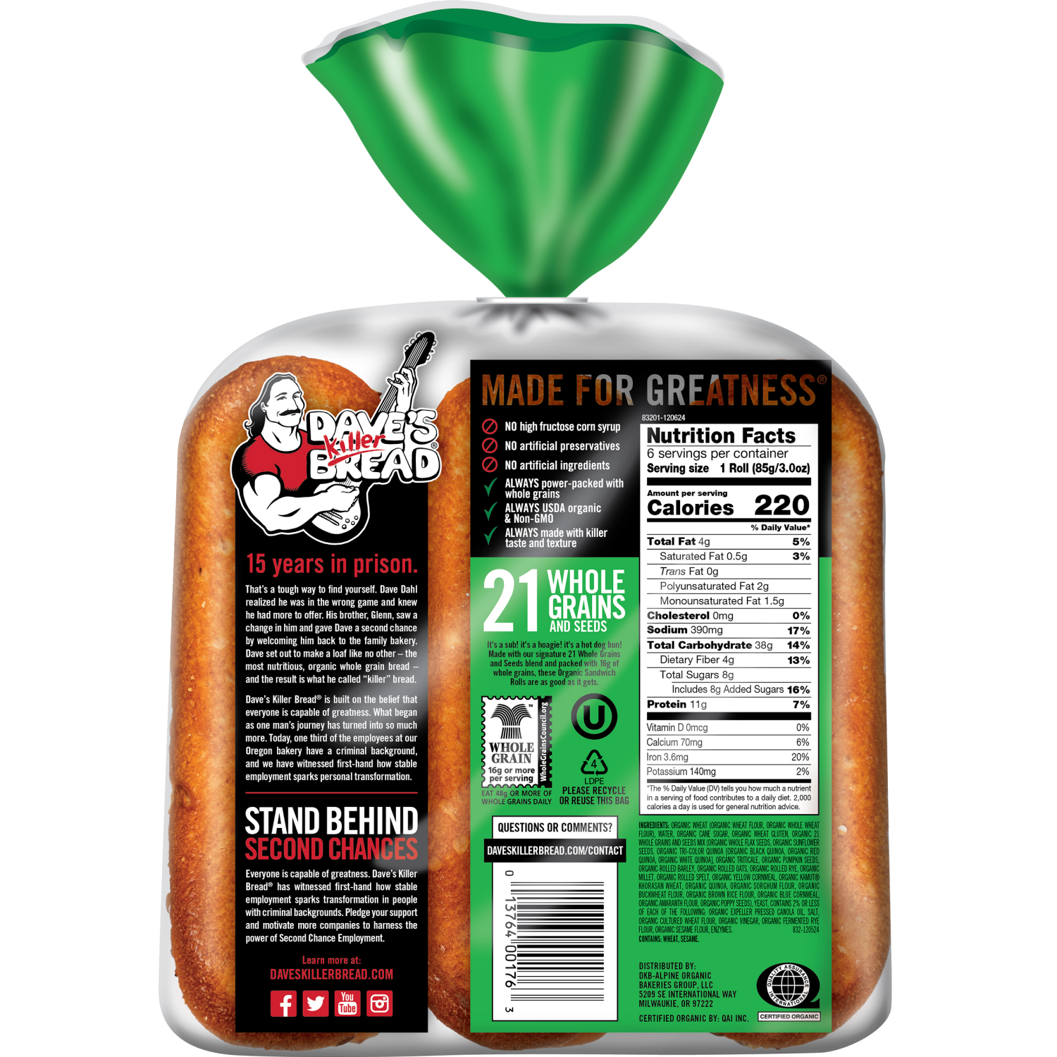 slide 2 of 2, Dave's Killer Bread Organic 21 Whole Grains and Seeds Sandwich Rolls 6 ea, 6 ct